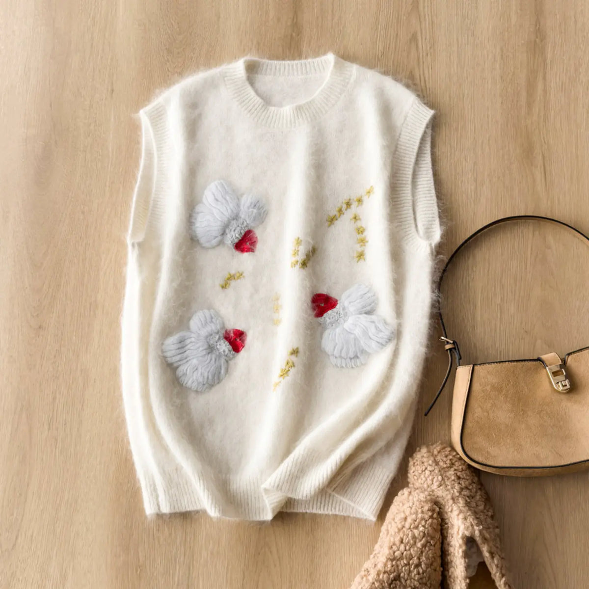 Atmospheric Layering Heavily Embroidered 3D Little Goldfish Wool Cashmere Silk Brushed Round Neck Knit Vest