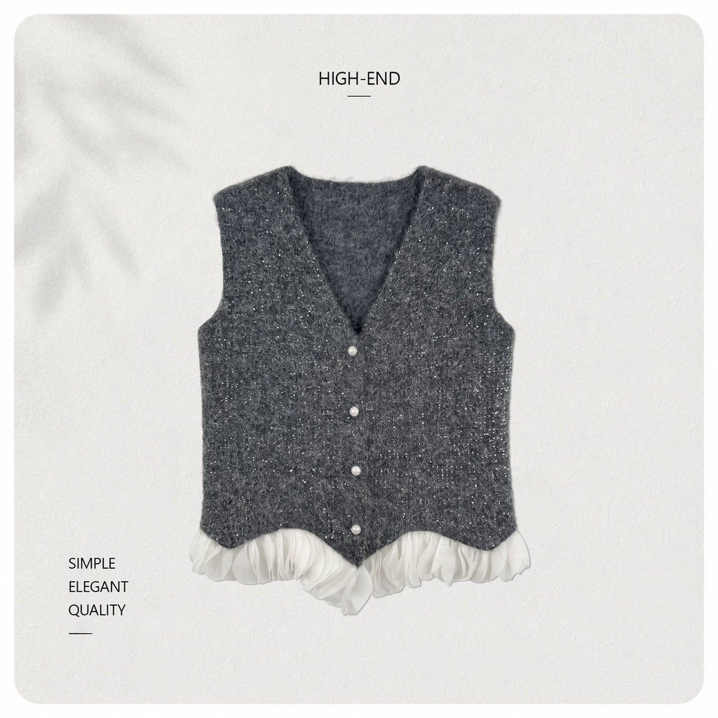 [Valkyvia/Yoyo] Wool pearl buckle splicing white yarn irregular sleeveless vest 263427