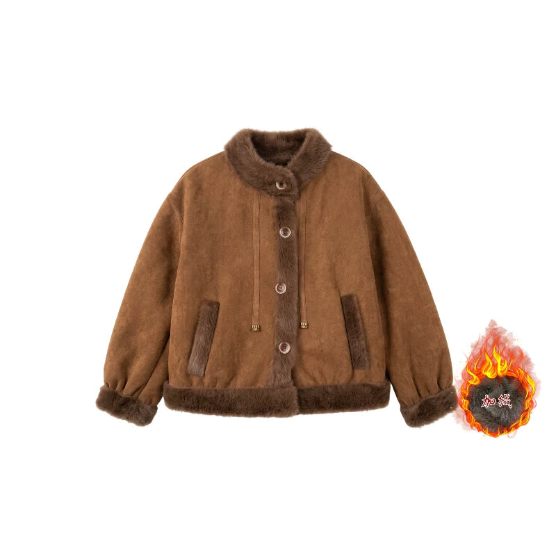 [Exclusive to Binbin] Vintage Maillard stand-up collar thickened short jacket 263527