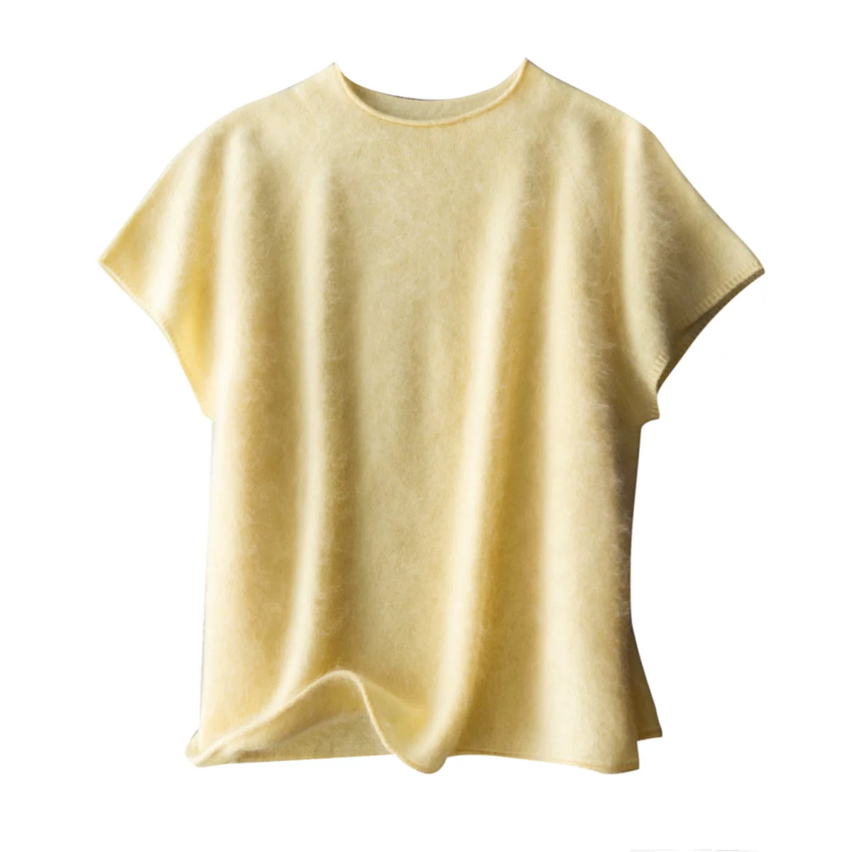 Early Bird Perk~Cloud Napping~Seamless One-Piece Silk Cashmere Wool Brushed Curly-Hem Crew Neck Short-Sleeve Knit Top