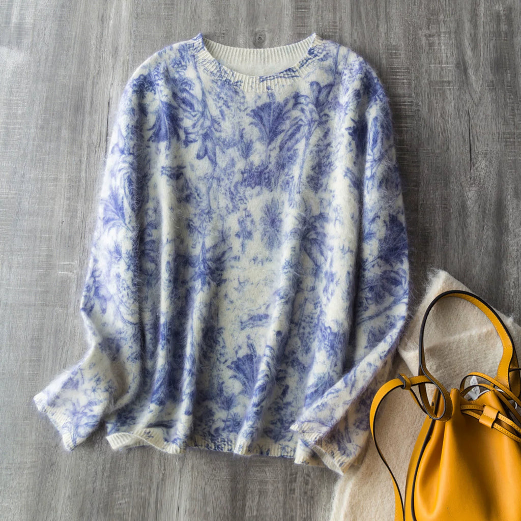 梦幻霓裳~渐变晕染拉毛羊毛羊绒桑蚕丝宽松无缝加厚圆领针织毛衣
