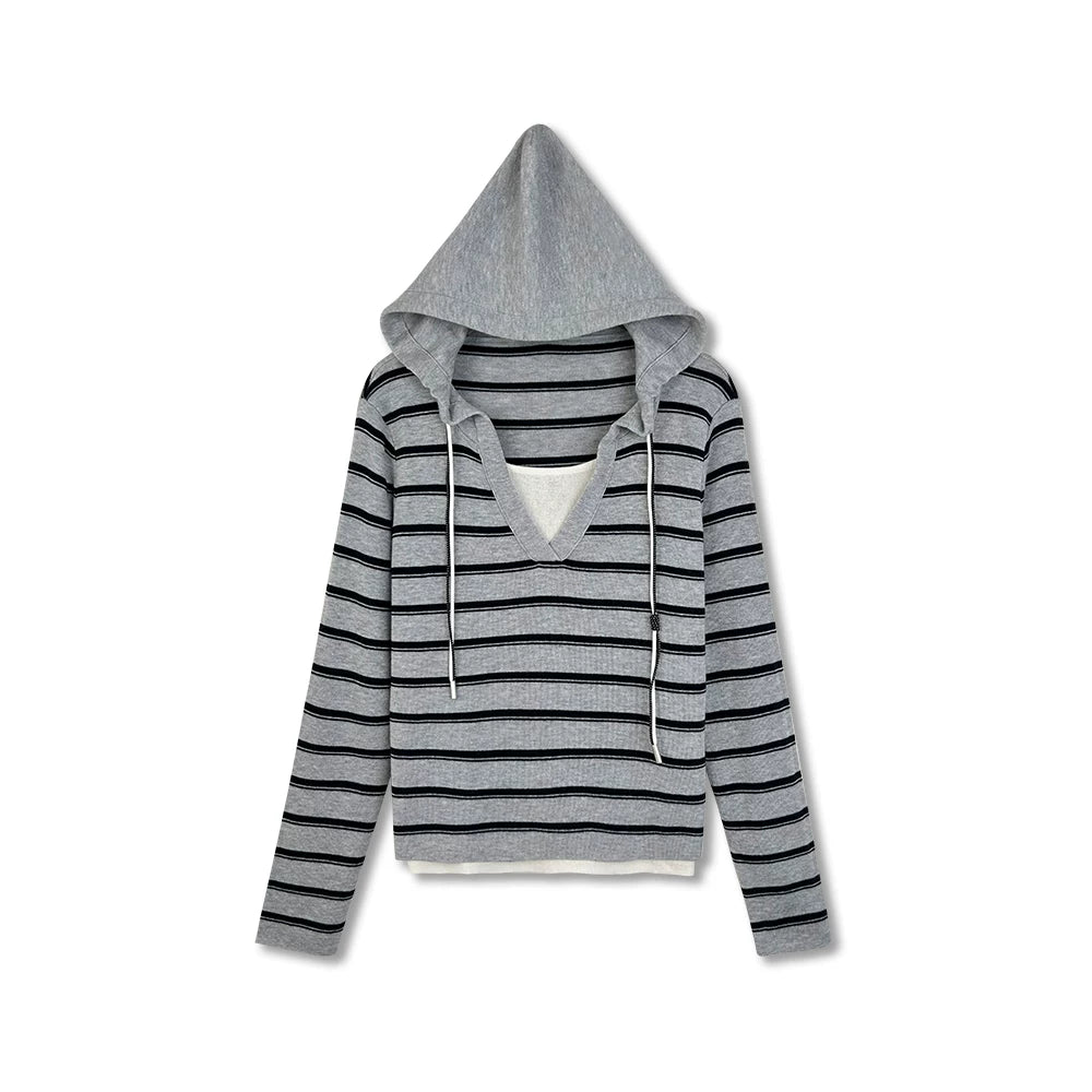 【حصري لبين بين】【إيقاع الخطوط】بلوزة محبوكة كاجوال بقبعة متعددة التنسيقات بتصميم قطعتين M353218