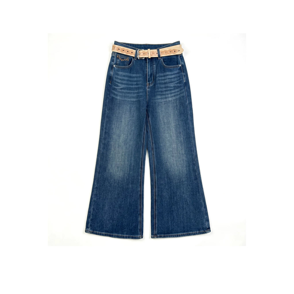 [Exclusive to Binbin] [Indigo Ramao] Retro hollow belt high waist micro-pull jeans 263084