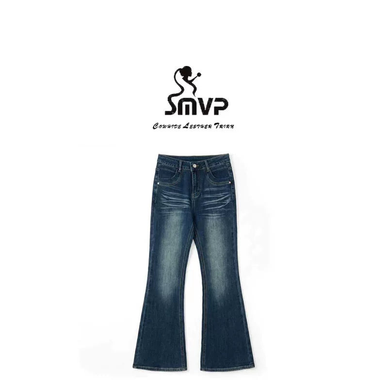 [Bin Bin Exclusive] [Dust Grinding Laying] American retro texture washed denim micro-pull pants 263163