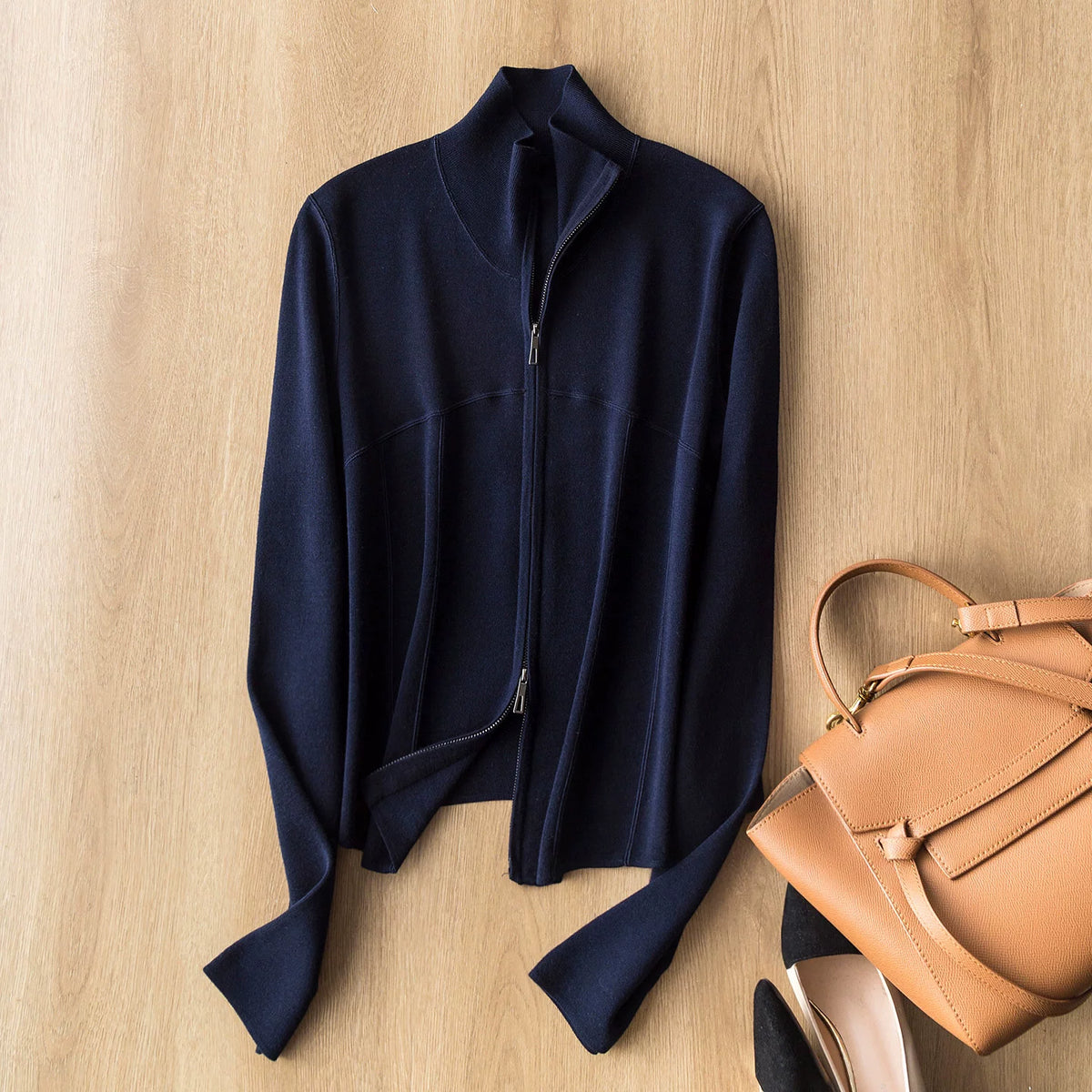 Casual Versatile 80-Count Ultrafine Merino Wool Zip-Up Stand-Collar Knit Cropped Cardigan Jacket
