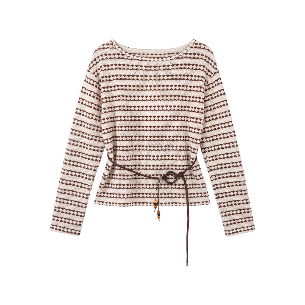 [Valkyvia/Yoyo] Lazy Striped Hollow Crew Neck Contrasting Knitted T-Shirt 963053