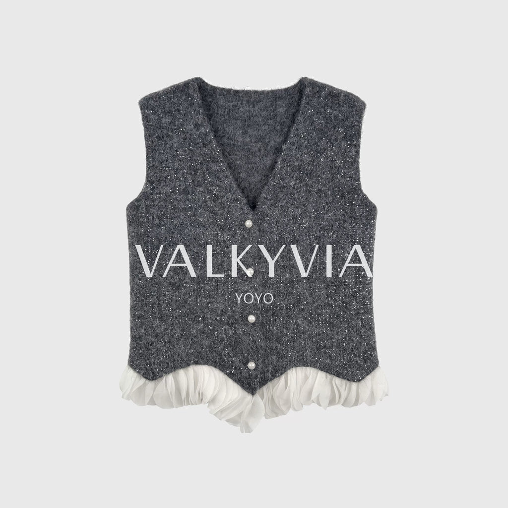 [Valkyvia/Yoyo] Wool pearl buckle splicing white yarn irregular sleeveless vest 263427
