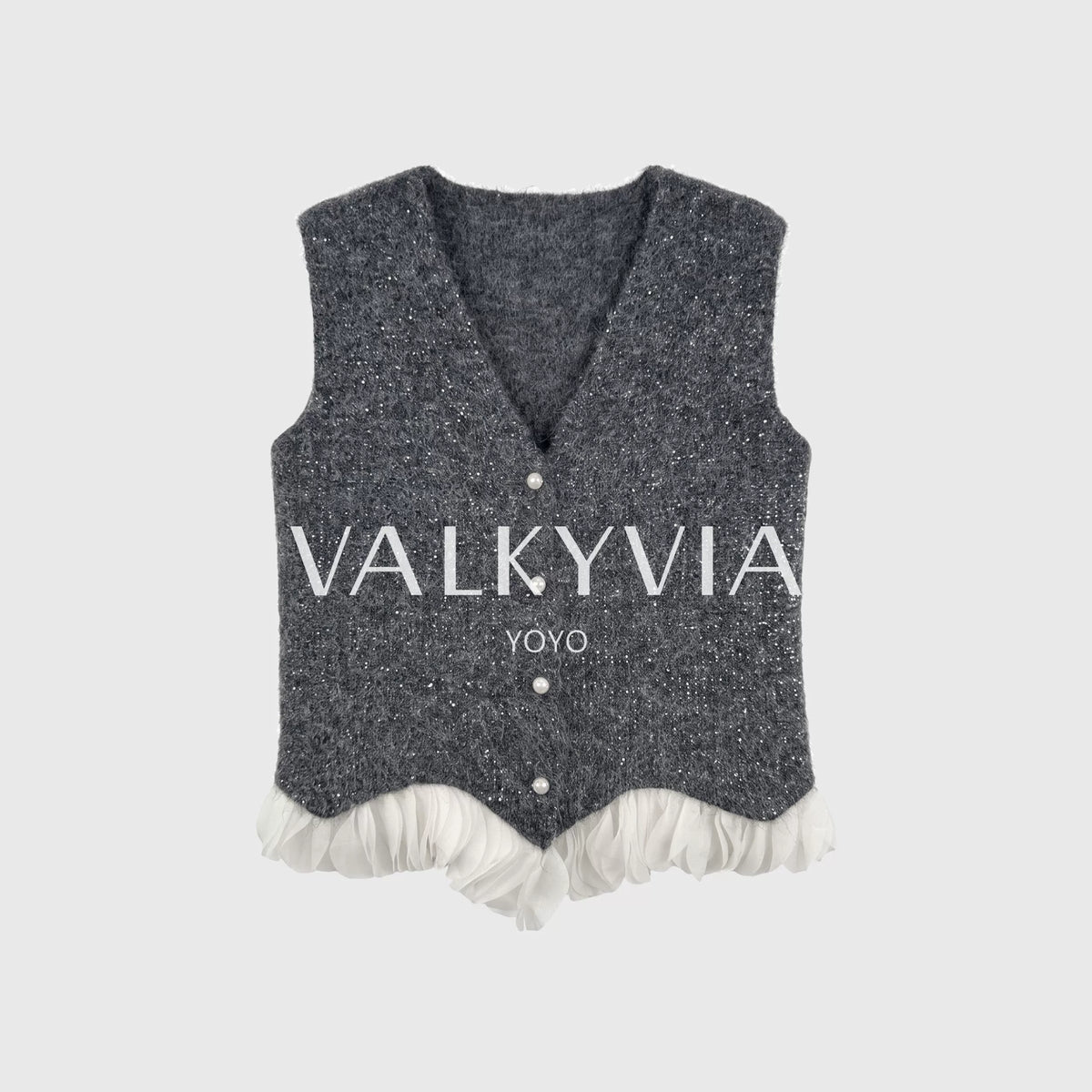 [Valkyvia/Yoyo] Wool pearl buckle splicing white yarn irregular sleeveless vest 263427