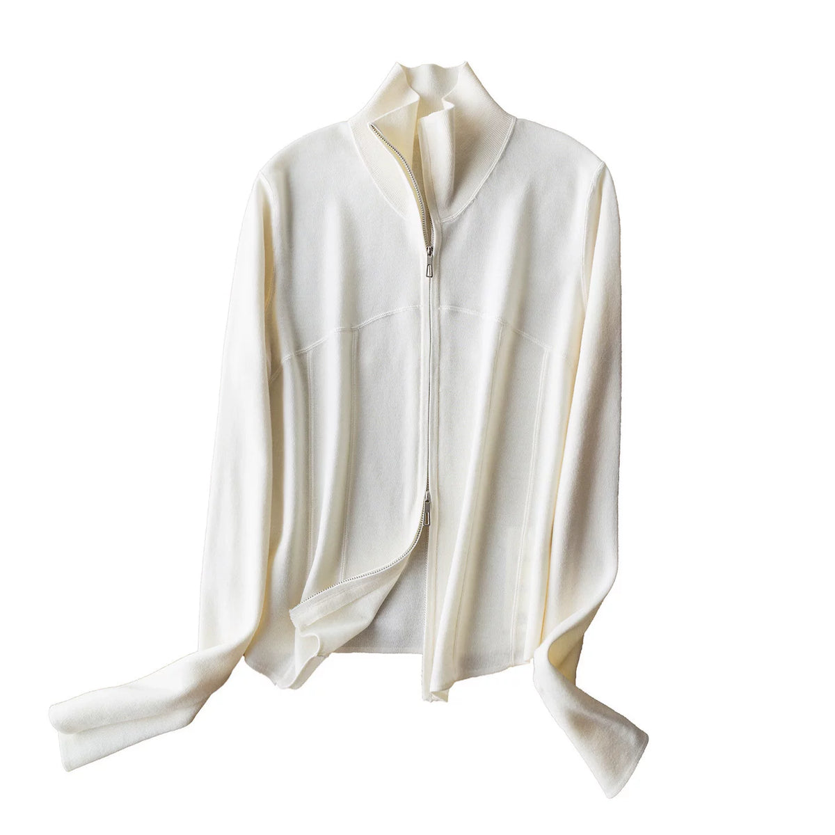 Casual Versatile 80-Count Ultrafine Merino Wool Zip-Up Stand-Collar Knit Cropped Cardigan Jacket