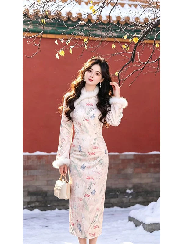 Ruiru Custom-Made [Dream Butterfly] [Fleece-Lined and Thickened] Butterfly Cheongsam Enchanting Butterfly Dress D4304