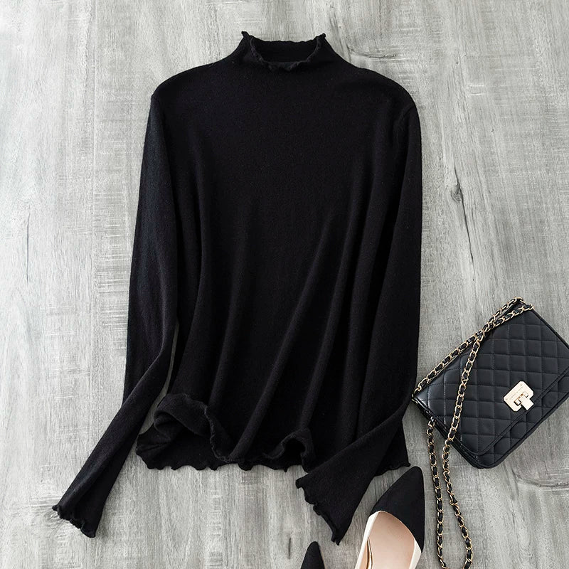 A must-have for everyone, perfect for pairing with statement pieces~ Nude-effect, ultra-comfortable extra-fine wool turtleneck knit top with a mock-neck collar
