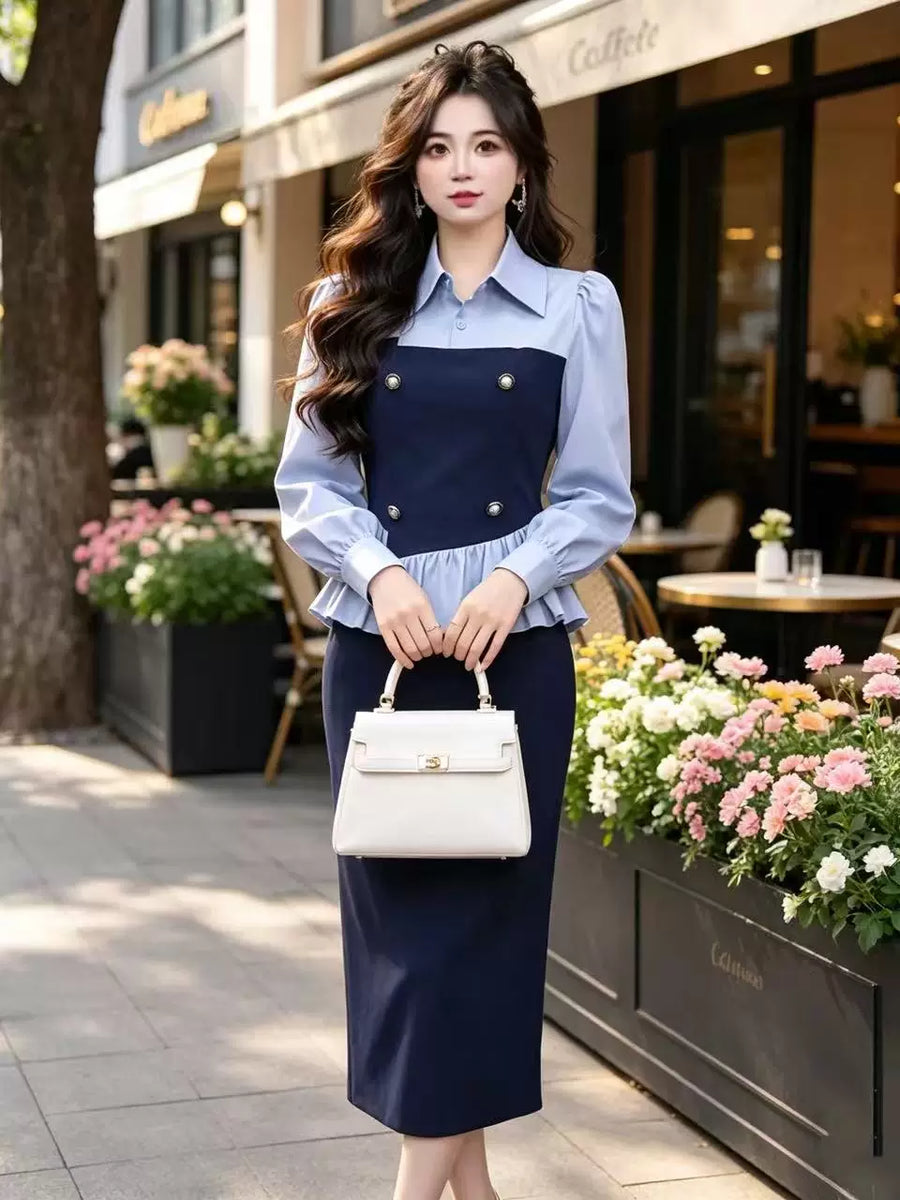 Ruiru Custom [Dusk Protagonist] [Blue] Shirt-Patchwork Elegant Slimming Dress D5234