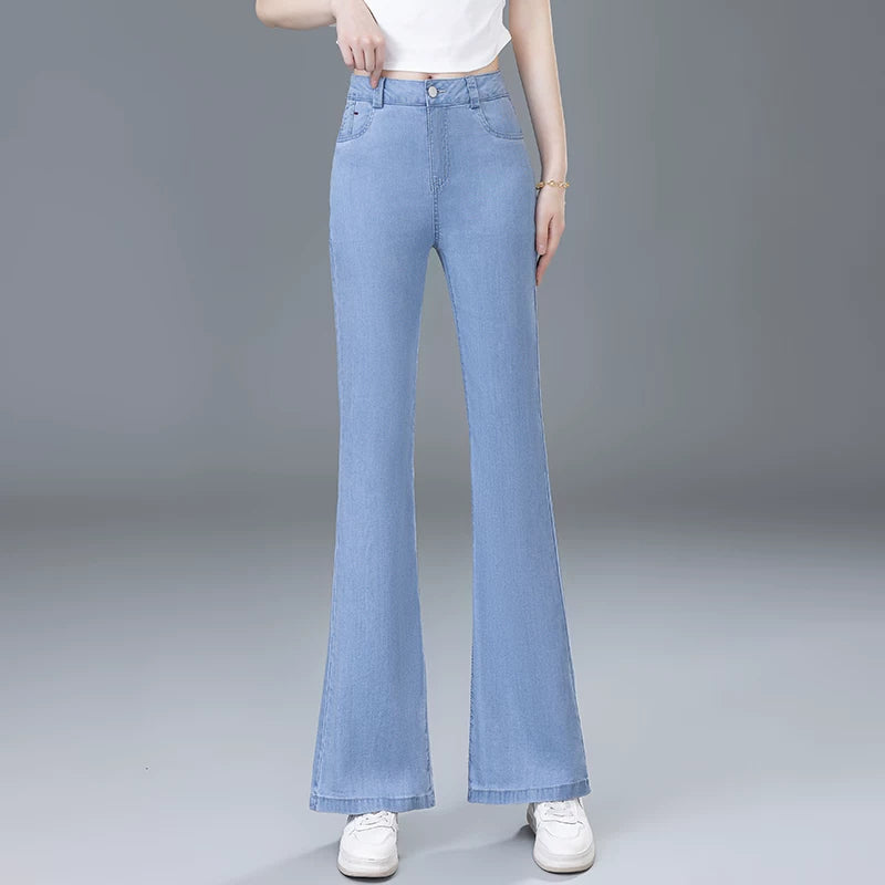 Tencel straight and slightly pulled jeans women's 2026 summer new small cool ice silk thin high-waisted horseshoe pants