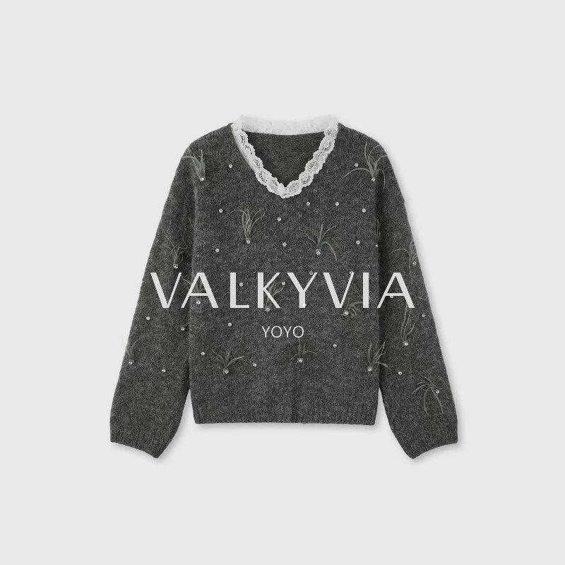 [Valkyvia/Yoyo] Wool lace feather rhinestone embellished crew neck sweater 263408