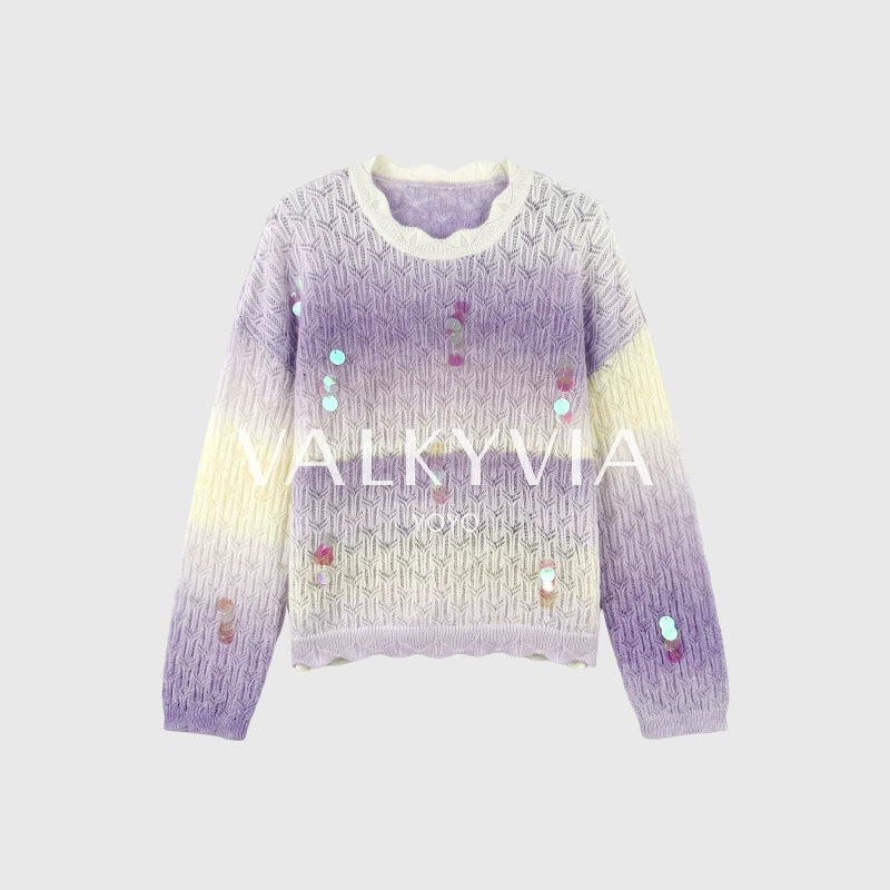 [Valkyvia/Yoyo] [شريط أرجواني غسقي] سترة محبوكة مريحة وقابلة للتنفس بتدرج ثلاثي الألوان 663005