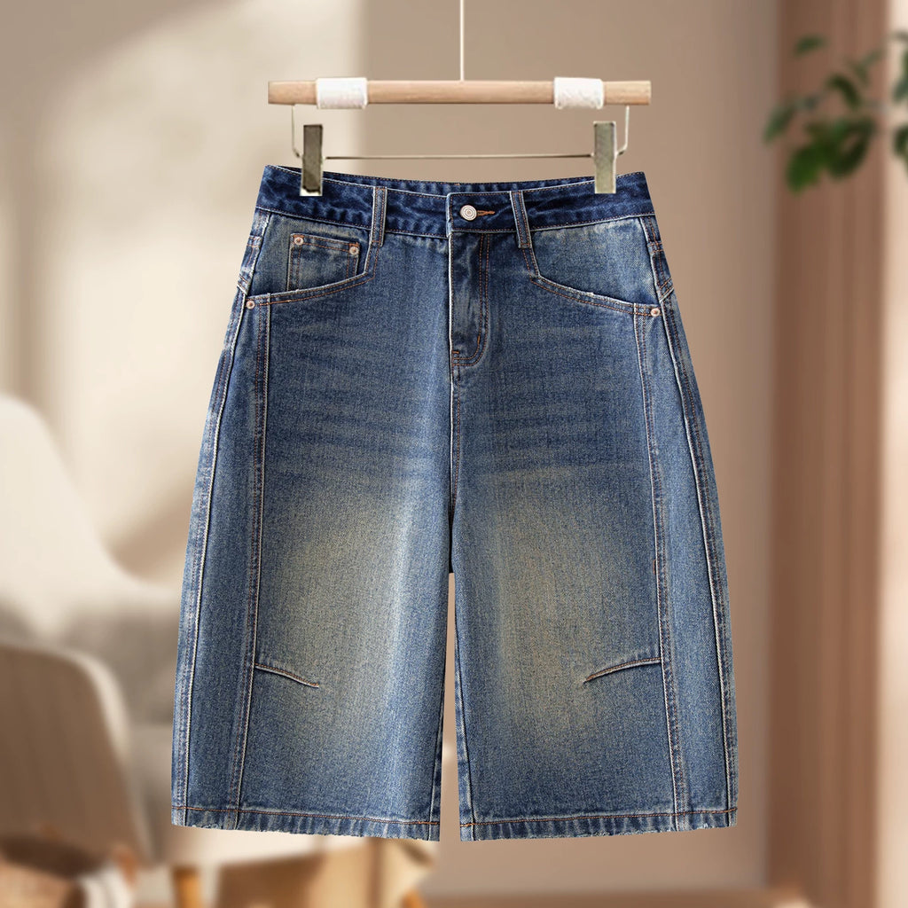 Hong Kong style nostalgic high-waisted denim shorts women's 2026 summer new high-waisted and thin hip-covering versatile wide-leg five-point pants