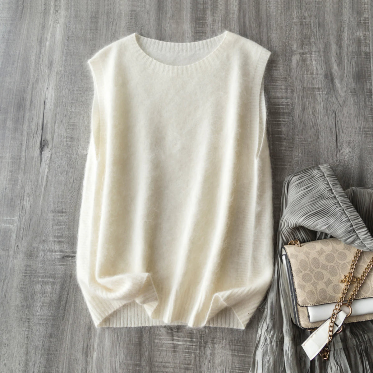超值福利~云柔拉绒~真丝羊绒羊毛圆领马甲叠穿百搭宽松针织背心女