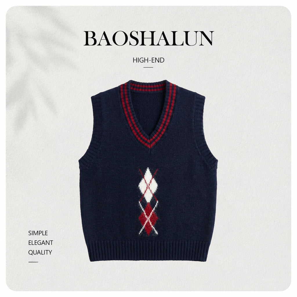 [Mina Exclusive] [Tibetan Blue Grid Description] Korean Navy Blue Contrast Color British Wind Hongling Grid Vest 263367