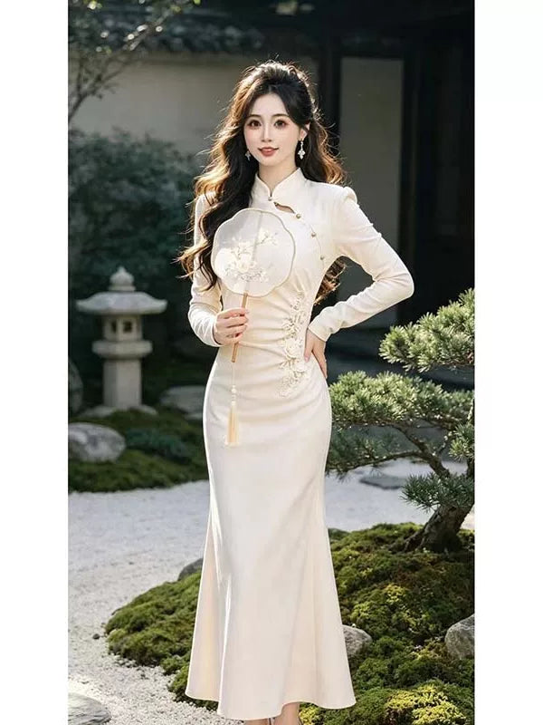 Ruiru Custom [Black Qipao] Black New Chinese Style Long Sleeve Dress Spring/Fall Base Dress D4133