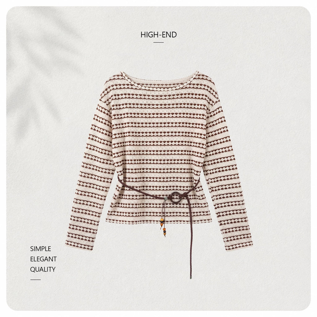[Valkyvia/Yoyo] Lazy Striped Hollow Crew Neck Contrasting Knitted T-Shirt 963053