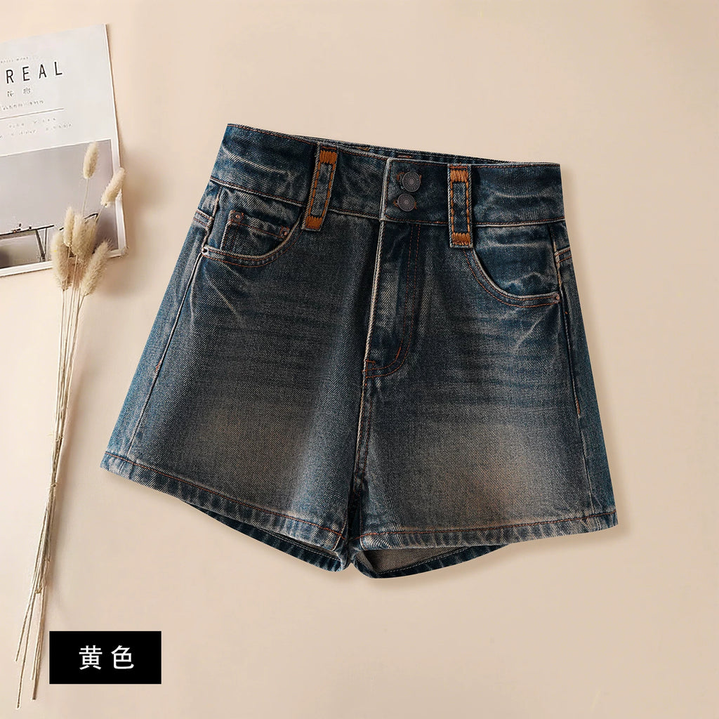 American retro denim shorts women's 2026 summer new high-waisted design feeling thin and versatile wide-leg A-shaped hot pants