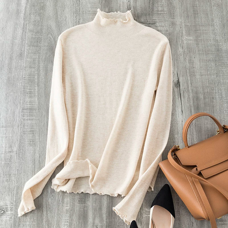 A must-have for everyone, perfect for pairing with statement pieces~ Nude-effect, ultra-comfortable extra-fine wool turtleneck knit top with a mock-neck collar