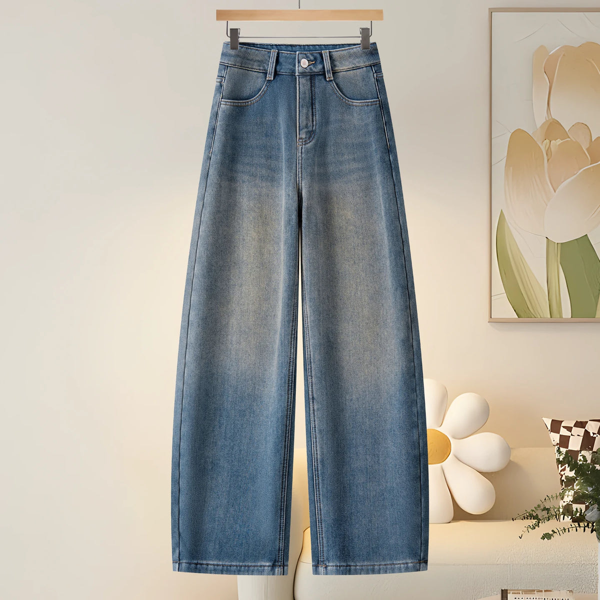 Korean versatile washed wide-leg jeans women's 2026 autumn new loose and thin casual vertical scimitar pants
