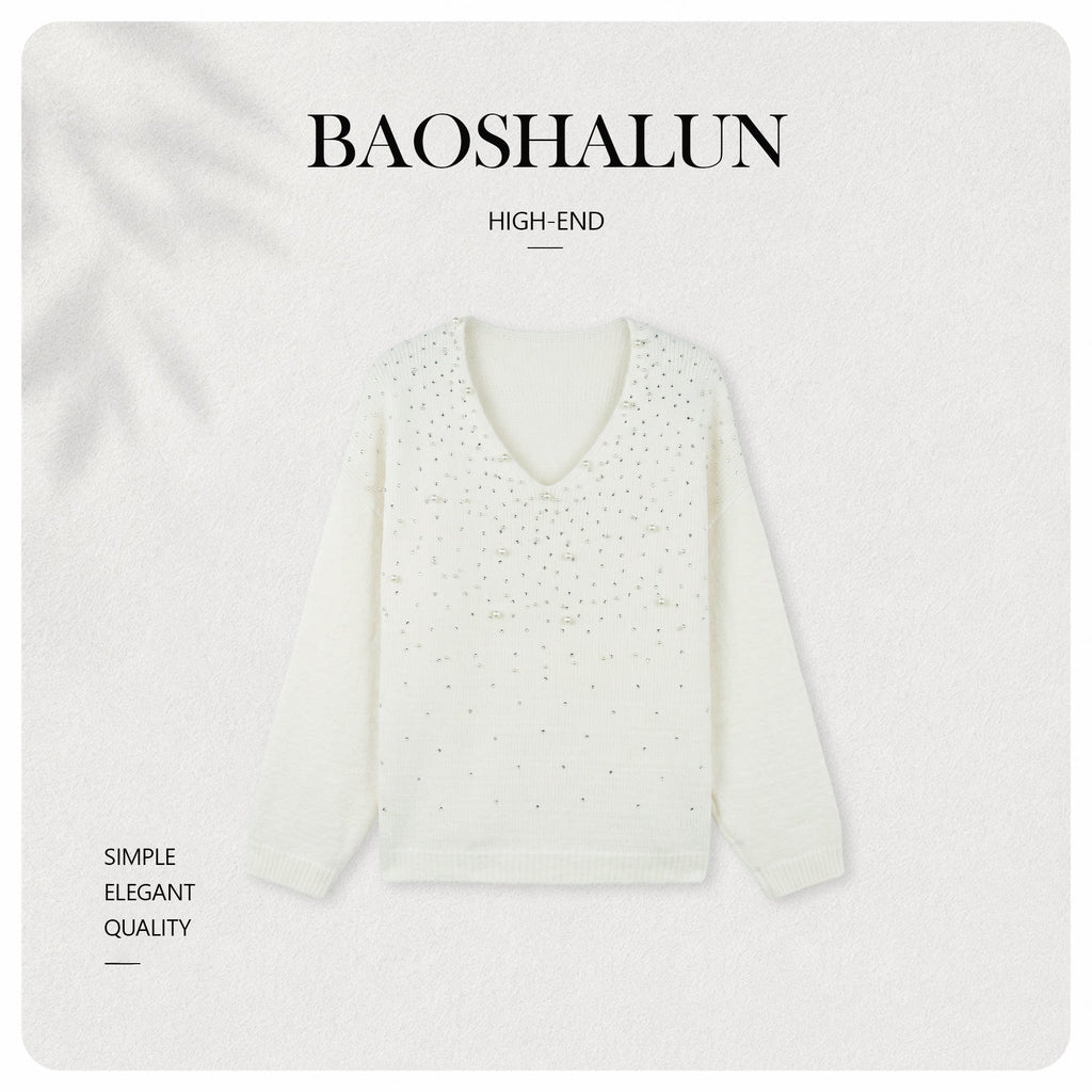 [Recommended by Huahua] Wool light luxury celebrity V-neck full of diamond beads loose wool woven shirt 263399