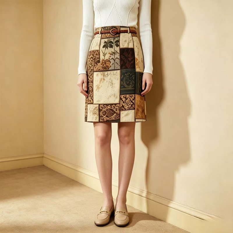 [Huahua Recommendation] Retro splicing printing high waist drape knee skirt 963151
