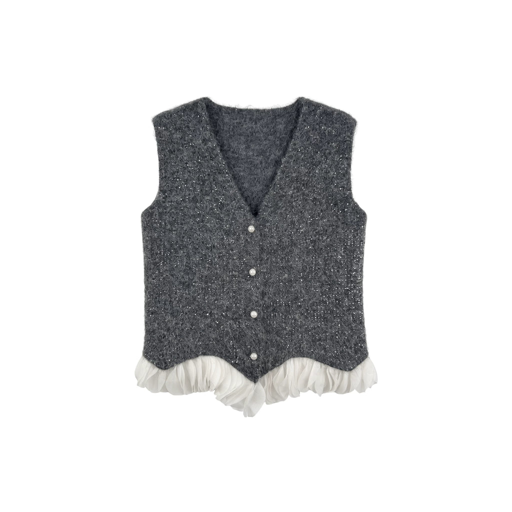 [Valkyvia/Yoyo] Wool pearl buckle splicing white yarn irregular sleeveless vest 263427