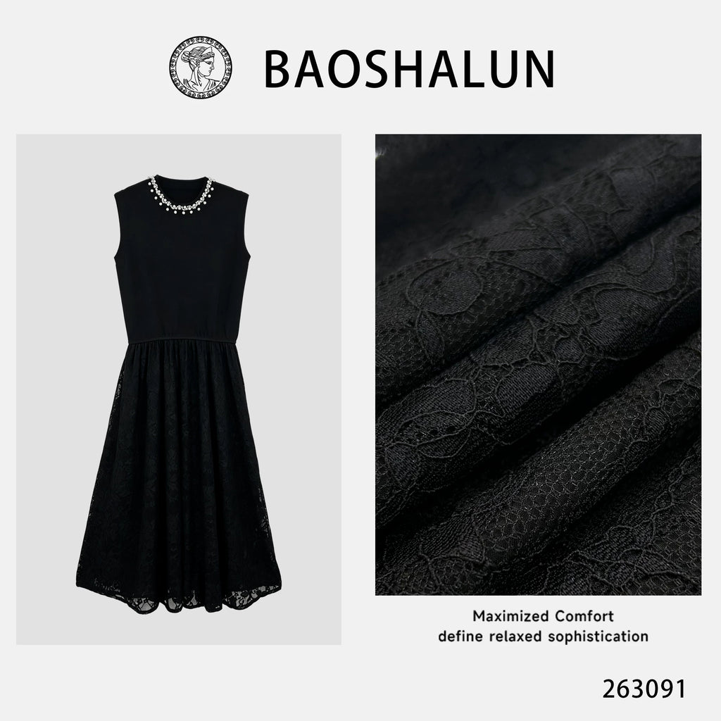 [Mina Exclusive] [Bead Neck Ya Dress] Premium Light Luxury Bead Hook Sleeveless Black Dress 263091