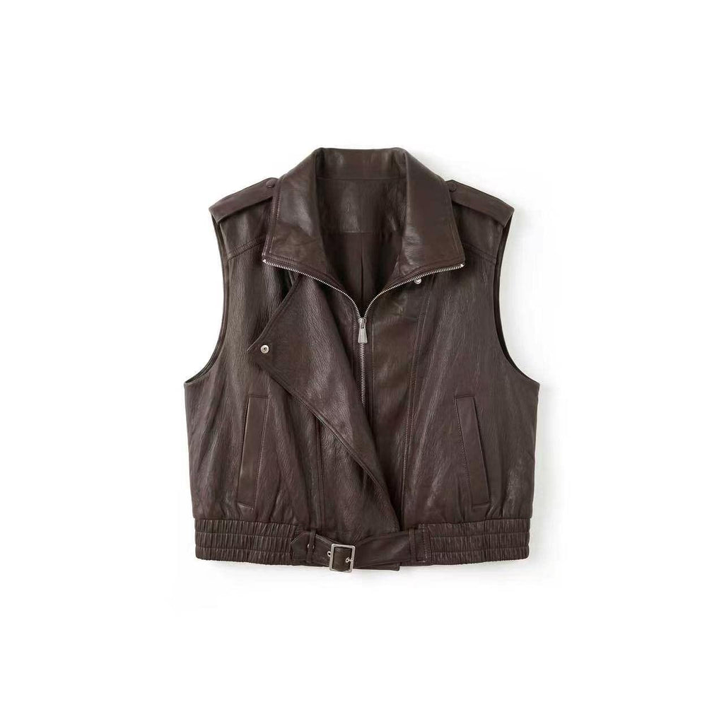 [Mina Exclusive] [Streamer Brown Rhyme] Design Sense Stand Collar Sleeveless Zipper Versatile Vest 363183
