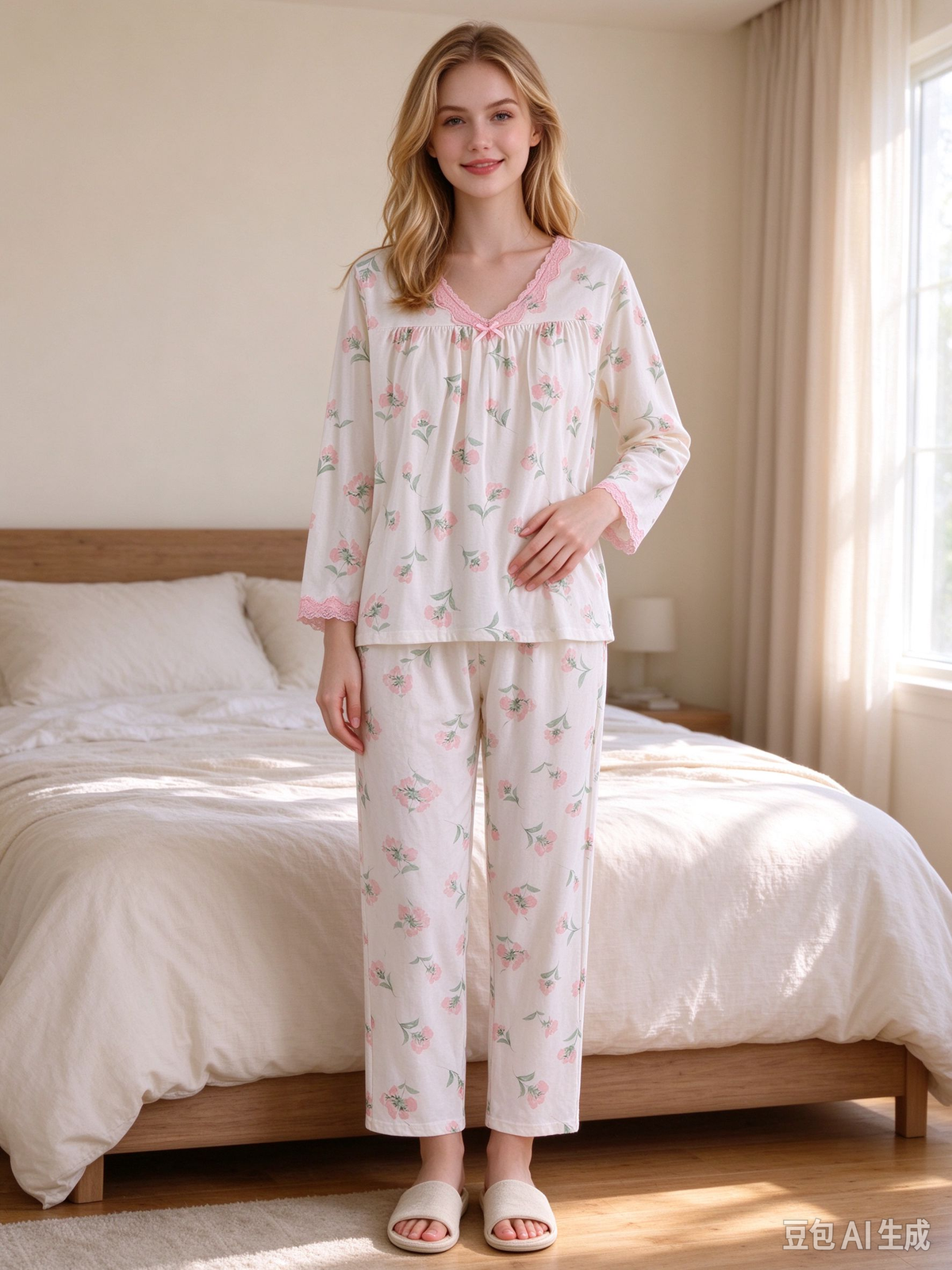 Women's 100% Cotton Pajama Set – Long Sleeve V-Neck with Lace Trim & Bow, Matching Floral Pants