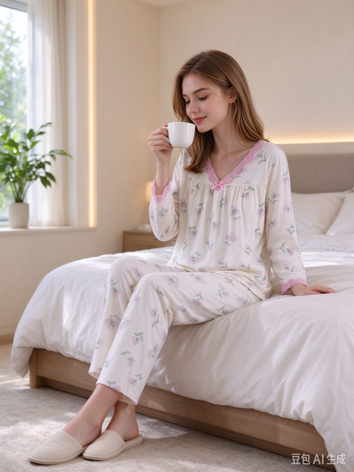 Women's 100% Cotton Pajama Set – Long Sleeve V-Neck with Lace Trim & Bow, Matching Floral Pants