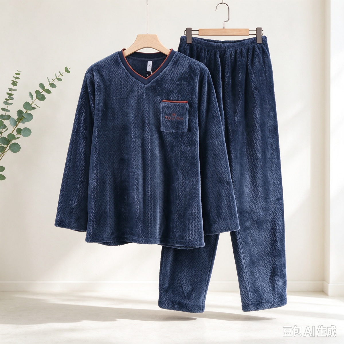 Men's Coral Fleece Lounge Set – V-Neck Long Sleeve Pajamas Top & Pants, Warm Winter Wear-Out (Dark Green)