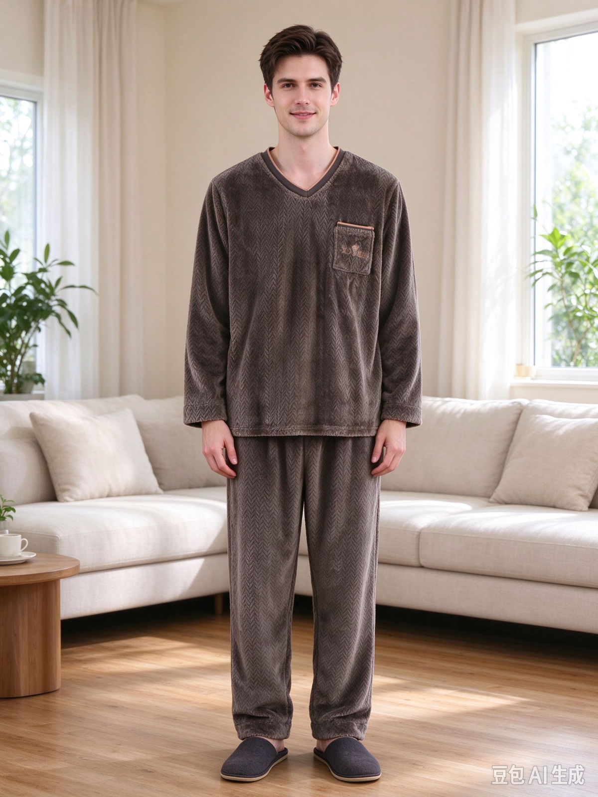 Men's Coral Fleece Lounge Set – V-Neck Long Sleeve Pajamas Top & Pants, Warm Winter Wear-Out (Dark Green)