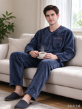 Men's Coral Fleece Lounge Set – V-Neck Long Sleeve Pajamas Top & Pants, Warm Winter Wear-Out (Dark Green)