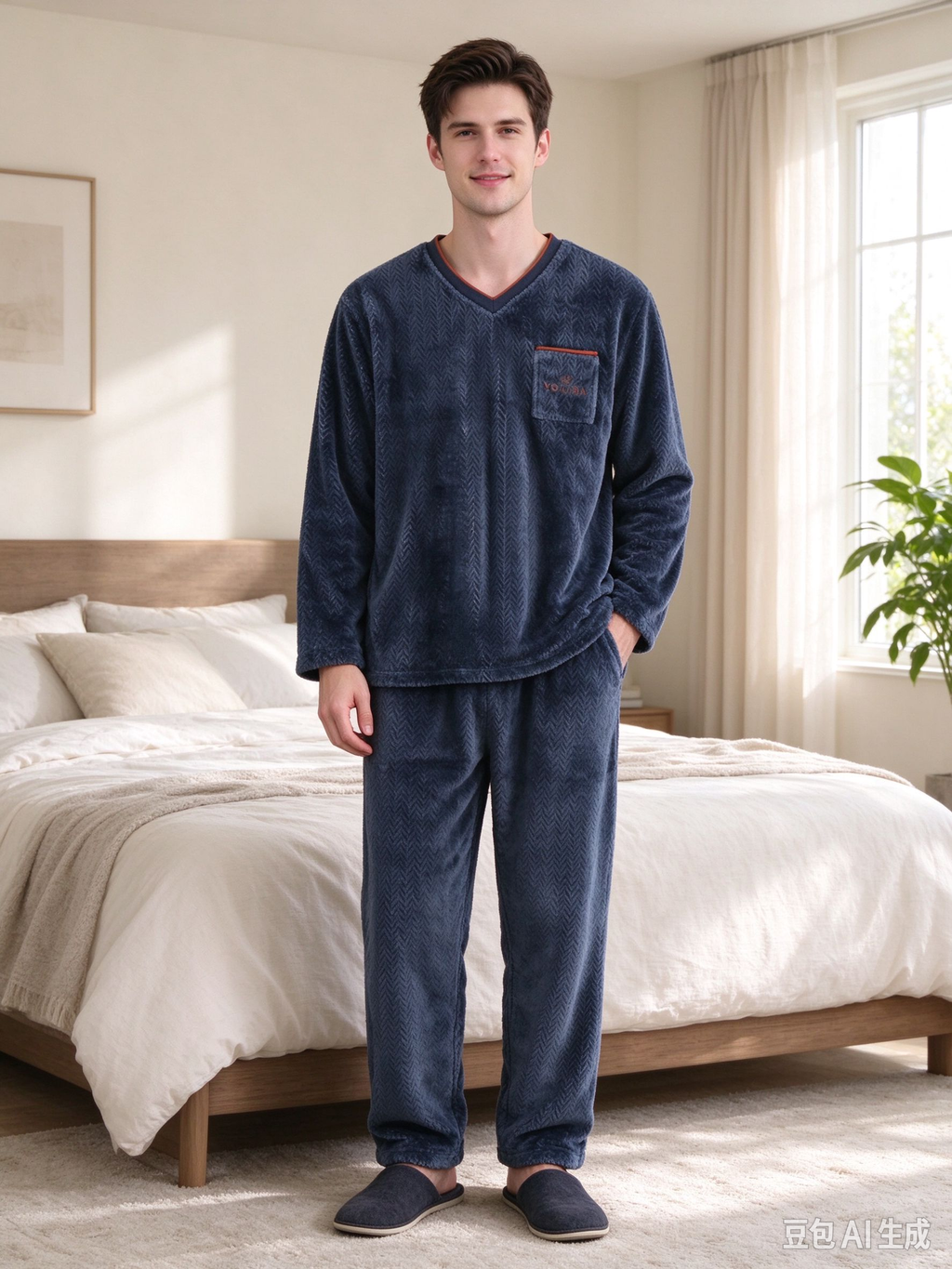 Men's Coral Fleece Lounge Set – V-Neck Long Sleeve Pajamas Top & Pants, Warm Winter Wear-Out (Dark Green)