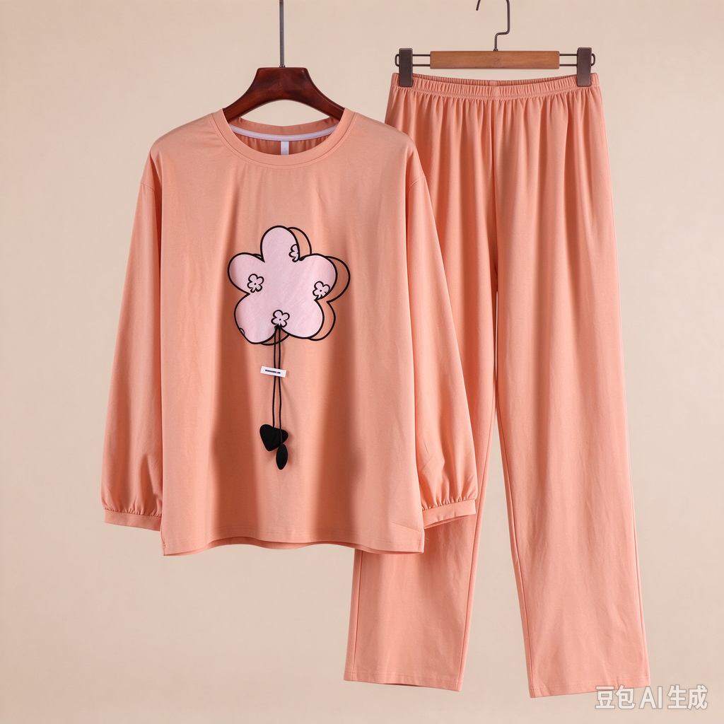Women's 95% Cotton Lounge Set | Crew Neck Long Sleeve Top & Pants with Floral Embroidery Charm