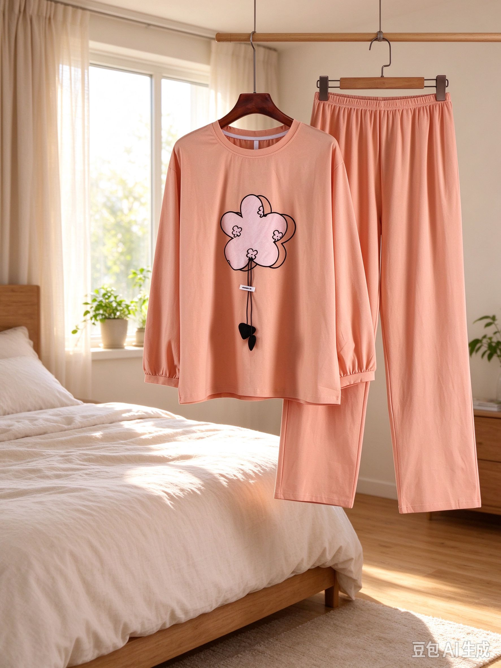 Women's 95% Cotton Lounge Set | Crew Neck Long Sleeve Top & Pants with Floral Embroidery Charm