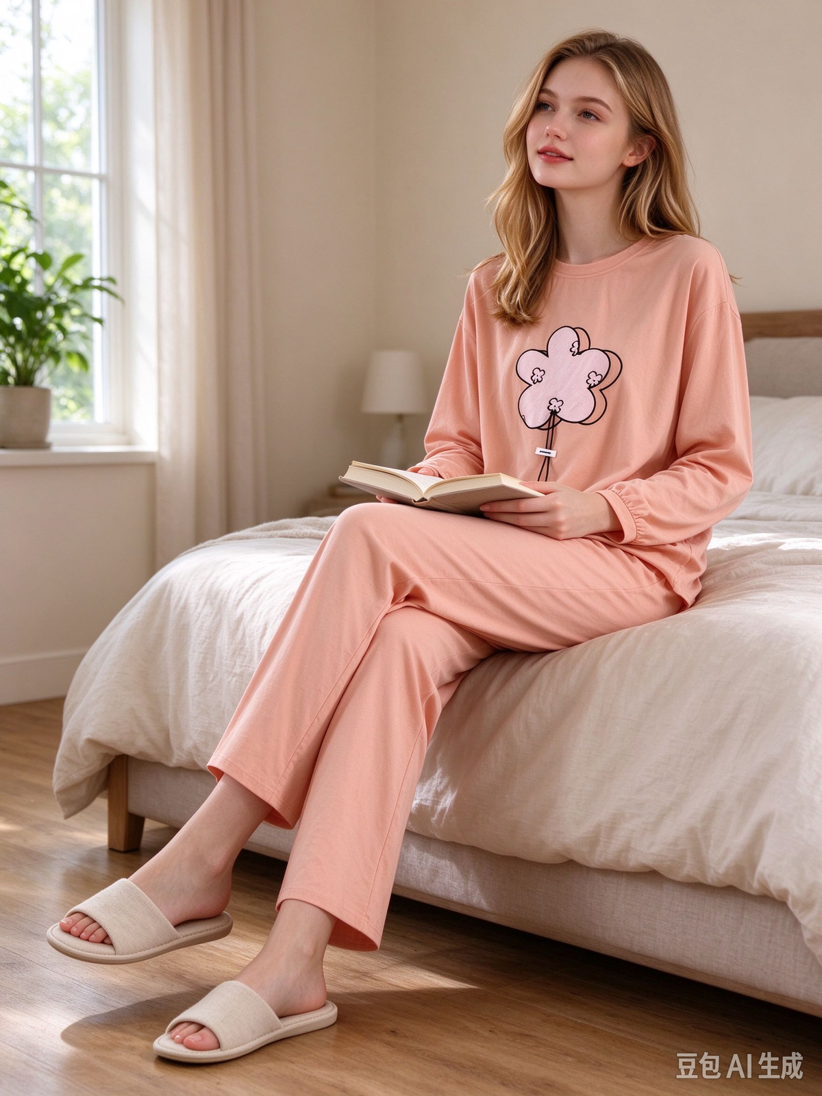 Women's 95% Cotton Lounge Set | Crew Neck Long Sleeve Top & Pants with Floral Embroidery Charm
