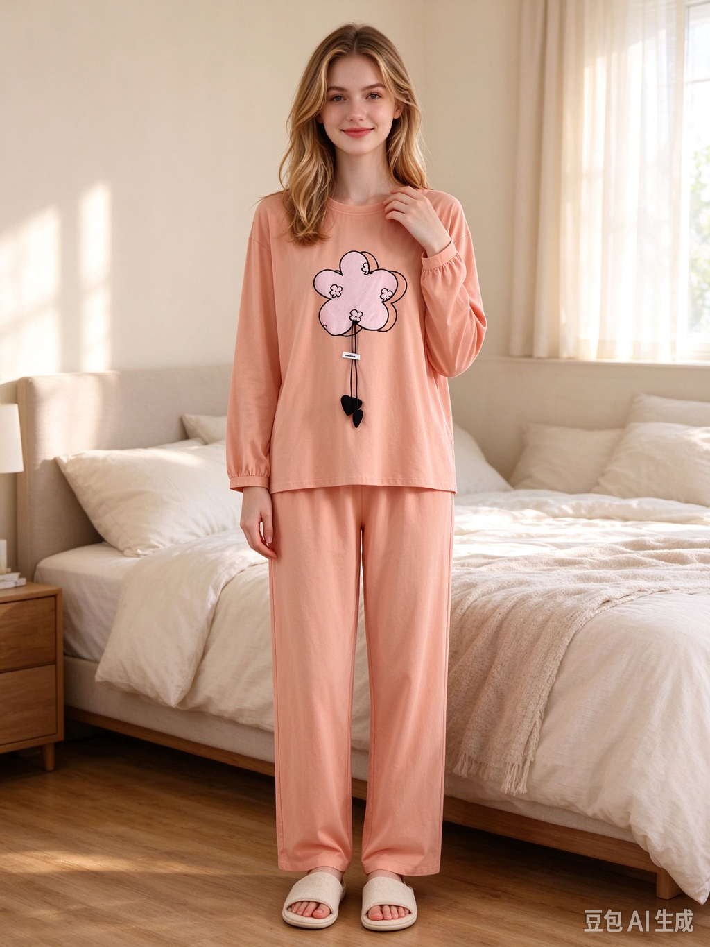 Women's 95% Cotton Lounge Set | Crew Neck Long Sleeve Top & Pants with Floral Embroidery Charm