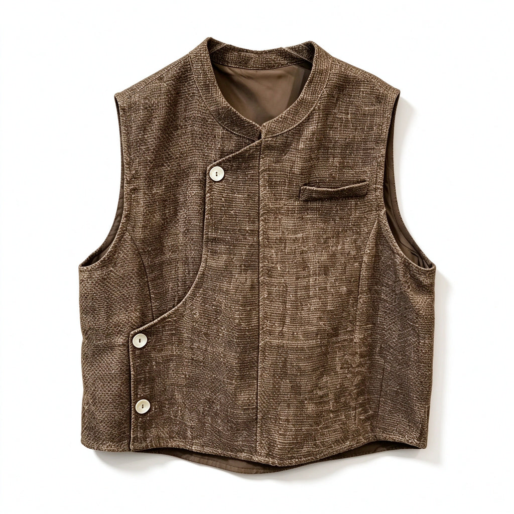 صديري تويد نسائي غير متماثل – بلوزة قصيرة بدون أكمام بأزرار، بني / أزرق رمادي