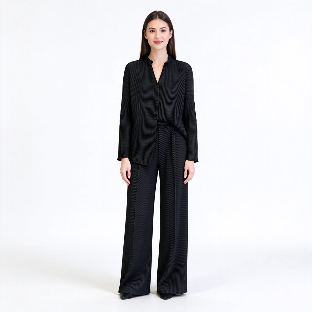 Women's Signature Pleated Jacket – Sculptural Button-Front Collarless Blazer, Lightweight Wrinkle-Free Layering Piece, 4 Colors