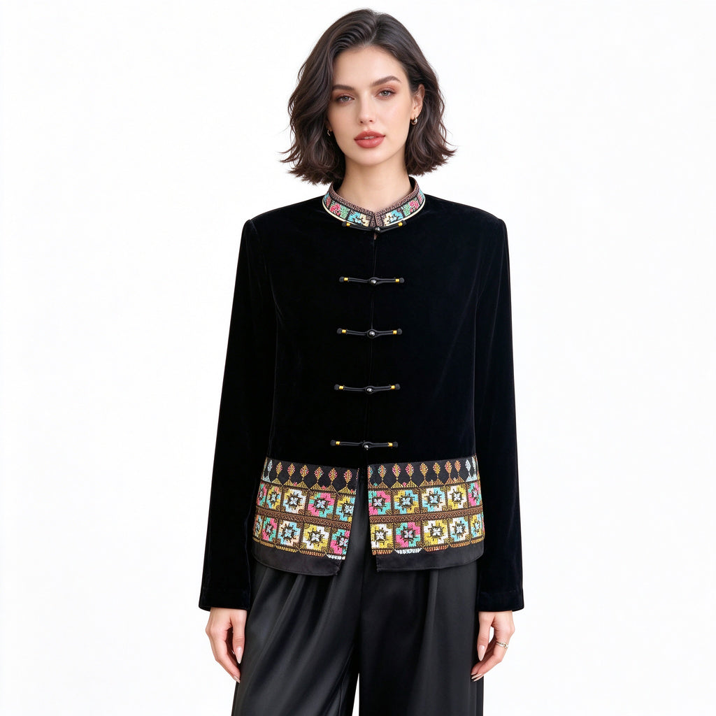 Black Velvet Chinese Jacket Women – Mandarin Collar Embroidered Coat
