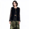 Black Velvet Vest Women – Sleeveless Layering Piece with Colorful Buttons