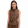 Brown Linen Vest Women – Belted Utility Sleeveless Top with Stand Collar