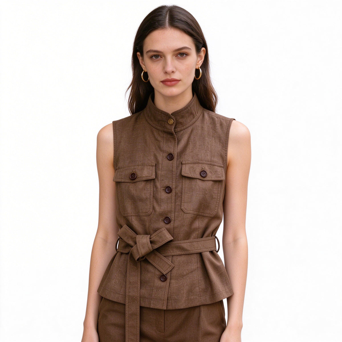 Brown Linen Vest Women – Belted Utility Sleeveless Top with Stand Collar
