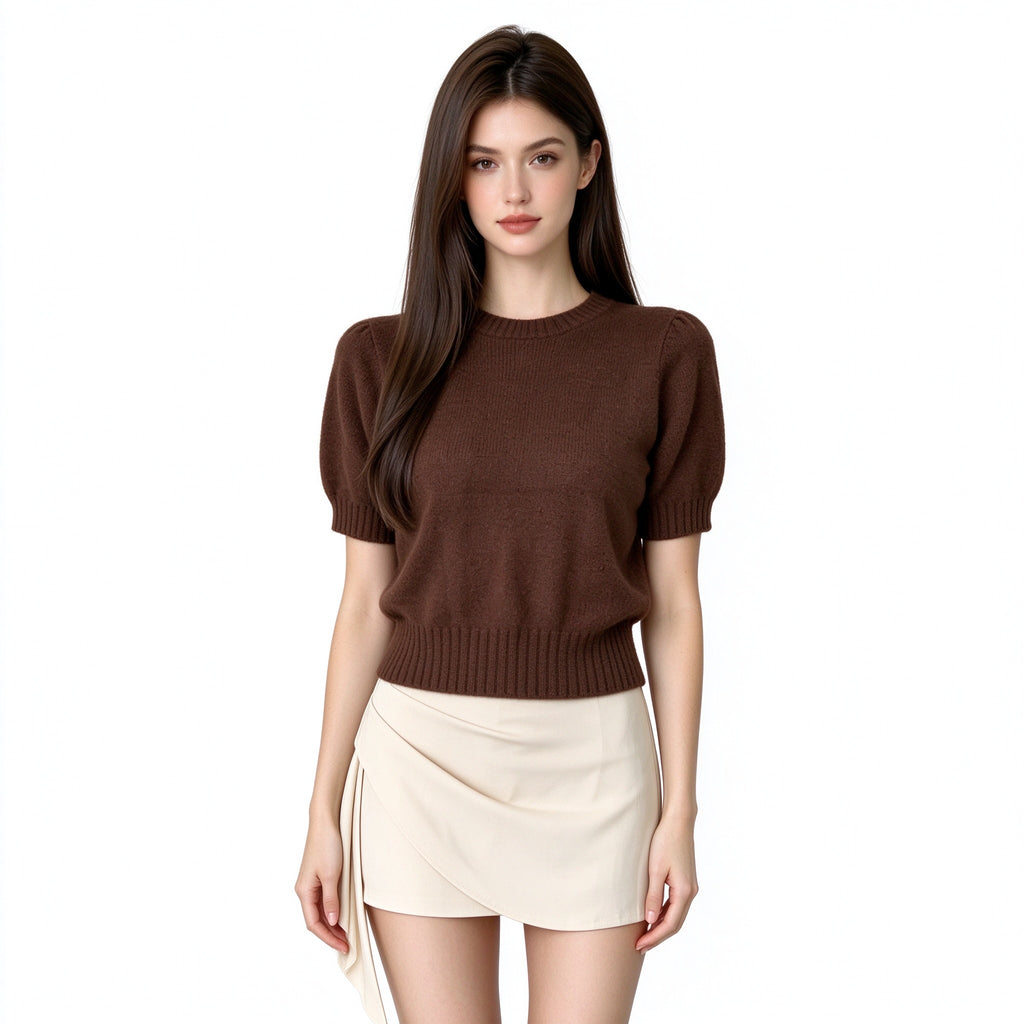 100% Wool Puff Sleeve Sweater Women – Brown Cropped Knit Top
