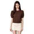 100% Wool Puff Sleeve Sweater Women – Brown Cropped Knit Top